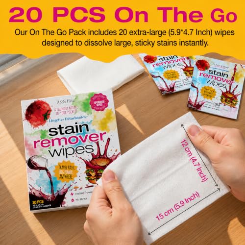 Image of Stain Remover Wipes, 20 Count, Individually Wrapped, Instant Stain Remover | For clothes, fabric & jackets, No-rinse cleaner, Portable for travel, purse & diaper bag, Removes grease, food & more
