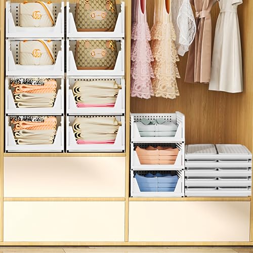 Image of JD FRESH Polypropylene Stackable Closet Organizer /Foldable & Stackable Basket /Wardrobe Organizer For Storage /Cupboard Organizer For Clothes -12 Pieces (White), 198X34X29 Cm