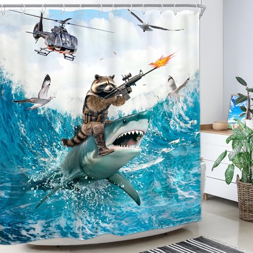 Image of Funny Raccoon Riding Shark Shower Curtain Ocean Waves 60Wx72H Inch Decor