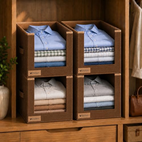 Image of VERVENIX Shirt Stacker Set of 4, Non Woven Foldable Clothes Storage Organizer with Handle, Wardrobe Closet Organizer, Space Saving Cloth Organizer for T-Shirts, Shirts, Jeans, Brown
