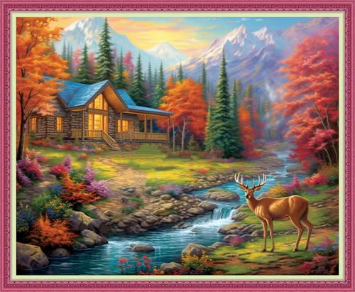 Image of Disnesart Cross Stitch Stamped Full Embroidery Kits DIY 11CT Cotton Thread Printed DIY Needlepoint Kits Craft Needlework Set Cross-Stitch Stamped Sets-Deep Autumn Homeland 16x20 inch