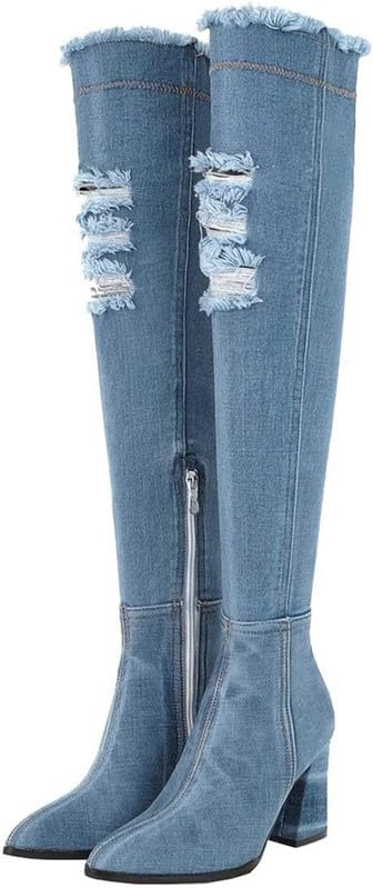 MAVMAX Denim Ankle Boots for Women Pointed Toe Chunky High Heel Jeans Denim Blue Short Mid Calf Booties