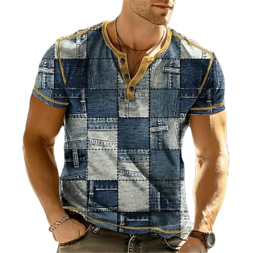 Summer Color Block Vintage Henley Shirts Patchwork 3D Print Men's Tees Casual Button-Down Short Sleeve T-Shirt Man3
