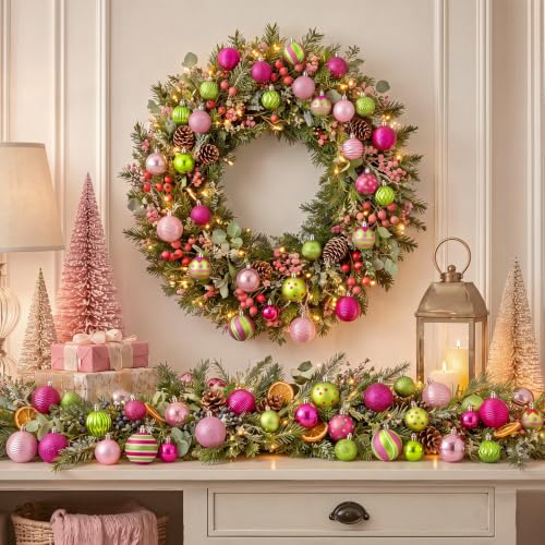 Image of Lunmon 64 Pcs Lime Green Pink Christmas Ornaments Sets Polka Dot Xmas Balls