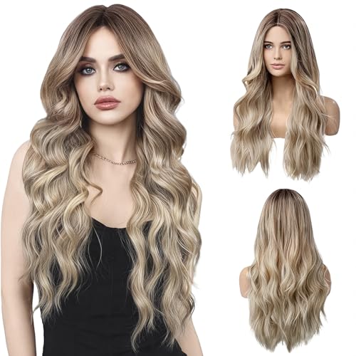 LUFFLOK 68 cm Pelucas Rubia Largas Onduladas de Marrón a Rubio para Mujeres Peluca Ombre de Pelo Sintético Natuaral Resistente al Calor para Uso Diario en Fiestas Cosplay (Rubia) (Rubia)