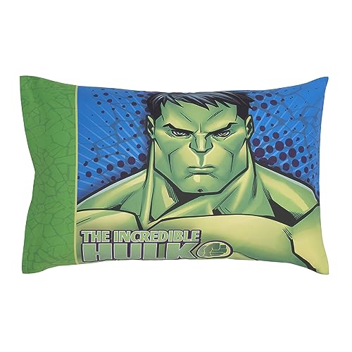 Image of NoJo Marvel The Incredible Hulk Green, and Blue 4 Piece Toddler Bed Set - Comforter, Fitted Bottom Sheet, Flat Top Sheet, and Reversible Pillowcase