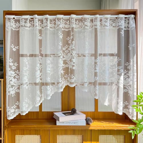 Image of HASTHIP Window Curtain for Kitchen Sheer Lace Floral Embroidered, Semi Door Divider with Rod Pocket Tab Top, Romantic Valance for Kitchen Window Cabinet Room Partition, 160x100cm