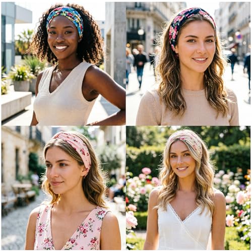 Image of DRESHOW 4 Pack Boho Cotton Non-Slip Headbands for Women Girls Yoga Workout Running Knotted Turban Floral Elastic Head Wrap