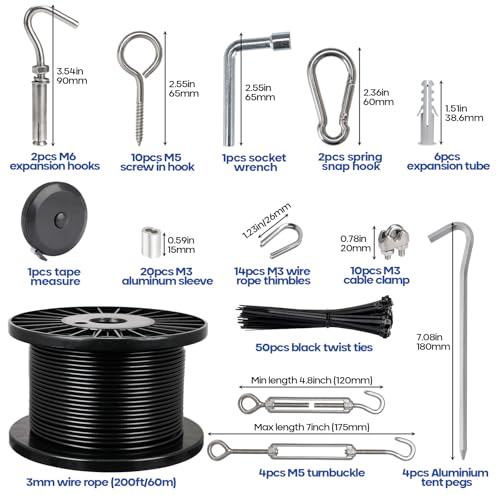 TooTaci Kit de Cable de Acero Inoxidable Recubierto de Vinilo Negro 1/8", 200 pies, Tensores M5 para Cables miniatura 4
