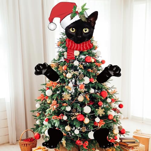 TICIAGA Black Cat Christmas Tree Topper - 20Pcs Large Size Black Cat Tree Topper with Santa Hat for Xmas Decoration Tree Decor with Head Arms and Legs for Gift Christmas Indoor Outdoor Home Decor