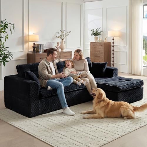 Image of ROXGOX Cloud Couches for Living Room, Modern Modular Sectional Sofa with L-Shape Chaise, Boneless Couch with Deep Seat, Plush Corduroy, No Assembly Required (Black)