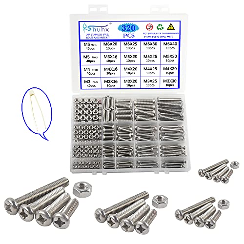 Rshuhx 320PCS M3 M4 M5 M6 Boulons et écrous en Acier Inoxydable 304 Croix Tête Pan Mécanique Boulon Vis a Tete Ronde Vis et d'écrous à Tête Cylindrique et Fixations Vis à Métaux Assortiment Kit