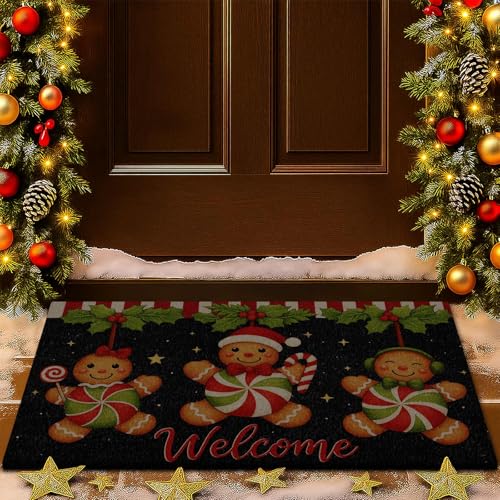 Lanpn Christmas Welcome Natural Coir Door Mat, Gingerbread man Coco Front Door Outdoor Doormat Outside Entrance Porch Non Slip Rubber Rug Winter Xmas Farmhouse Decor (Black, 42x75cm)