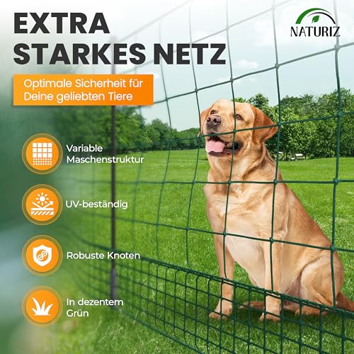 NATURIZ® Weidezaun 105cm hoch - mobiler Hundezaun & Hühnerzaun extrem stabil, Camping Zaun für Hunde ohne Strom, Begrenzungszaun, Gartenzaun, Steckzaun, Geflügelnetz (15m)