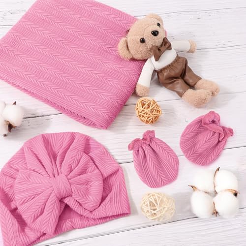 Image of AQOKKA Newborn Receiving Blanket with Bow Hat Mittens Wooden Card Set Wheat-Pattern Newborns Toddler Baby Boy Girl Nursery Swaddle Wrap
