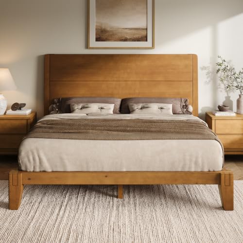 Image of AMERLIFE Solid Wood Queen Bed Frame with Headboard, Japanese Joinery, Brown