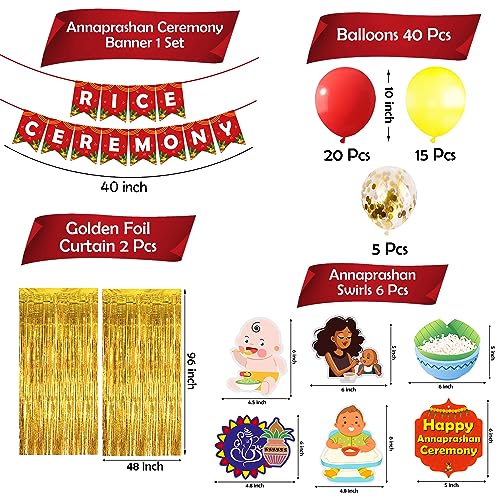 Image of Party Propz Baby Rice Ceremony Decorations Items - 49Pcs Baby Annaprashan Decoration Items, Yellow and Red Balloons For Decoration with Annaprashan Banner, Annaprashan Swirls with Cutout, Foil Curtain