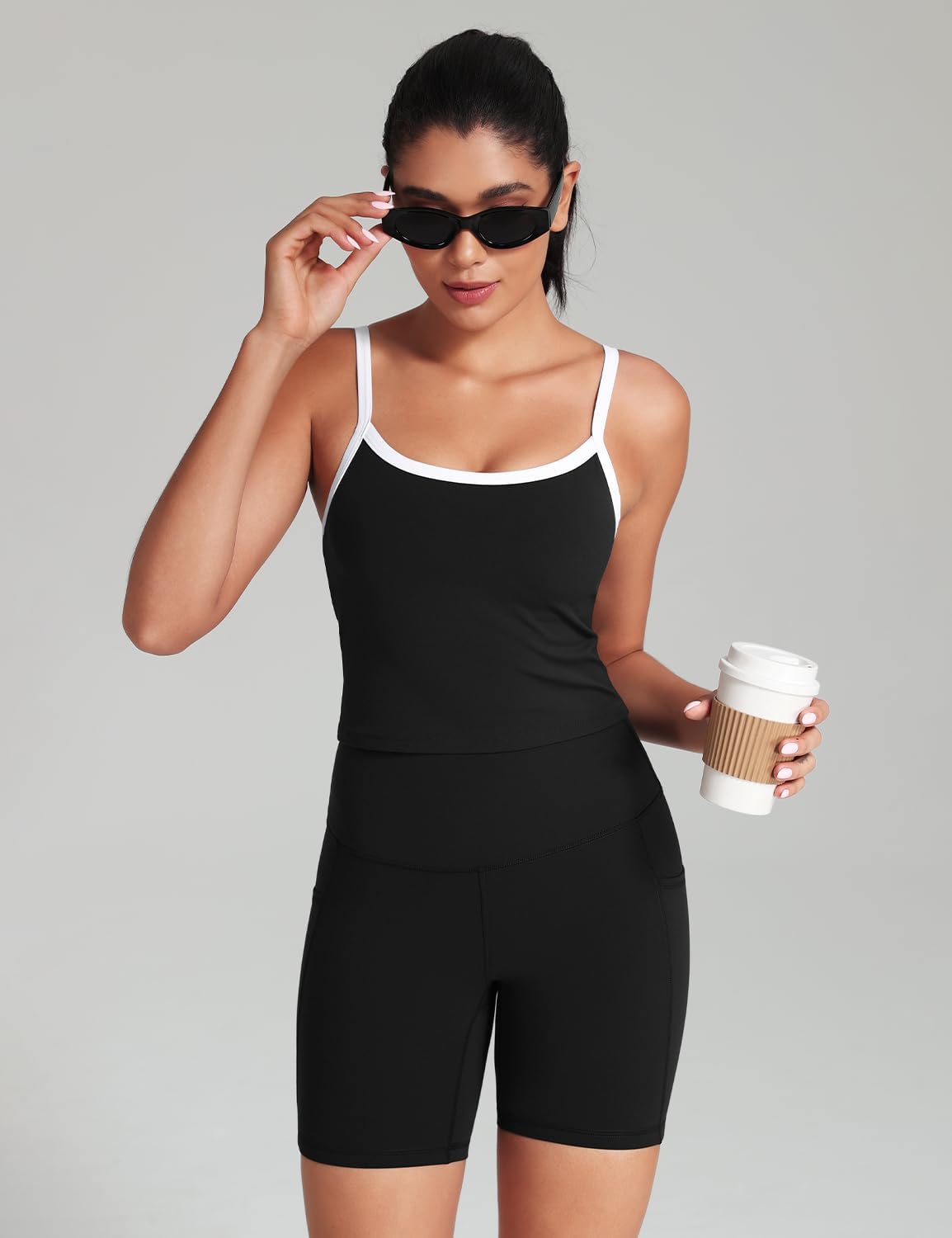 HeyNuts Vintage Color-Block Strappy Crop Tank Top for Womens, Cute Contrasting Trim Yoga Longline Sports Bras Padded A-D Cups - Image 2