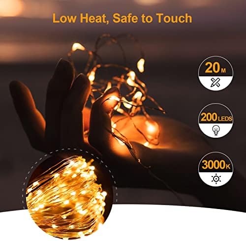 Gritin Fairy Lights String Lights, 20M/66ft 200 LED Christmas Lights Outdoor/Indoor Decorations, 8 Modes Remote Control, USB Plug in Powered Pure Copper String Lights for Xmas, Party - Warm Yellow