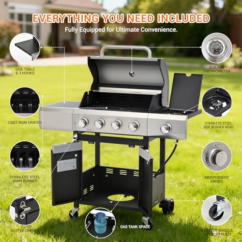 Image of EUHOME 4-Burner Gas Grill with Side Burner & Cover, 51000 BTU Stainless Steel Outdoor BBQ Grill, 452 sq.in Cooking Area, Ideal for Backyard, Patio Large Gatherings