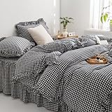 mixinni Black White Gingham Ruffle Duvet Cover Queen Size 3 Pieces – 100% Washed Cotton, Vintage Plaid Ruffled Bedding Set with Zipper Ties, Soft Checkered Grid Farmhouse Chic Comforter Cover Set
