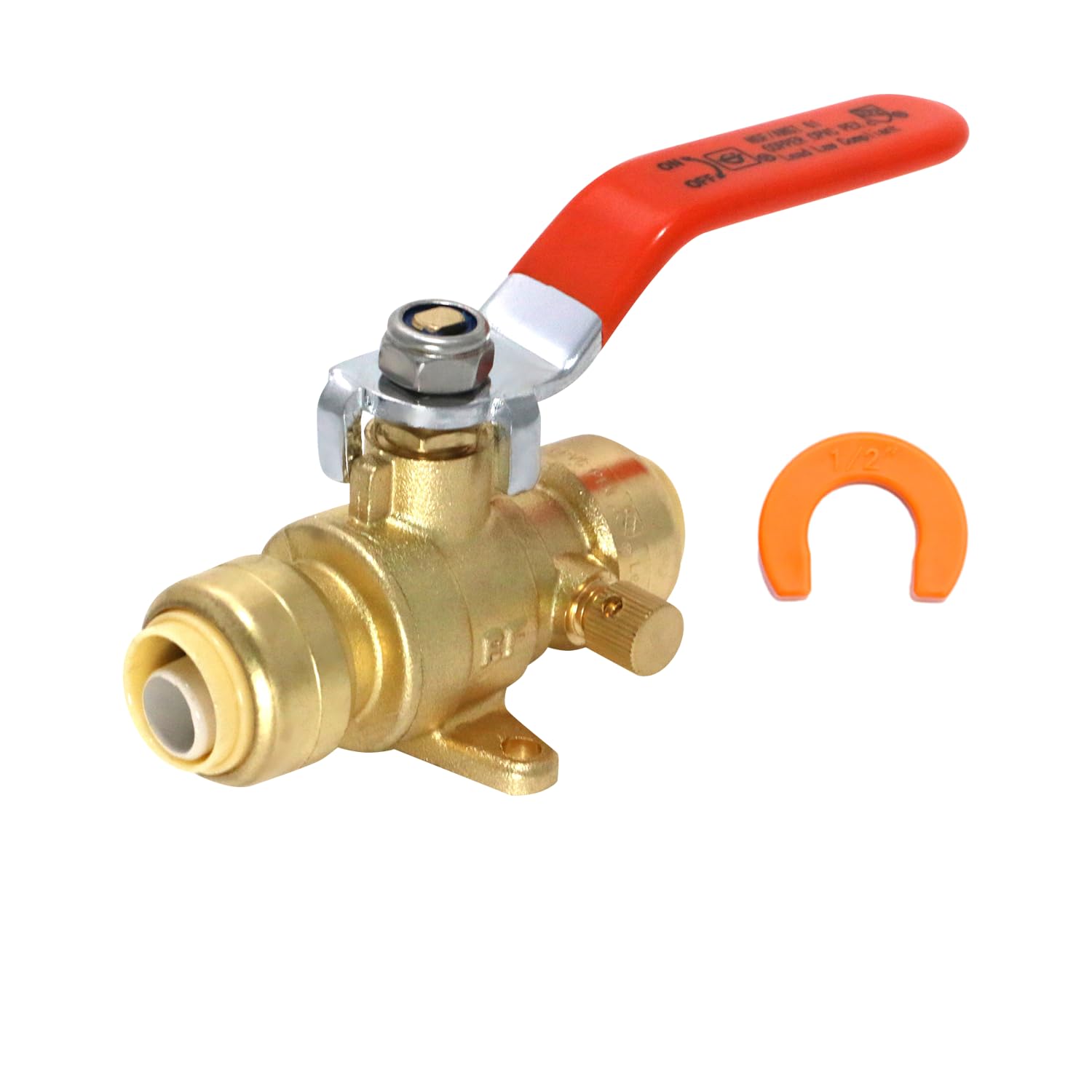 2 Pcs XFITTING Push Fit 1/2 Inch x 1/2 Inch Push Fit Ball Valve with Drain and Drop Ear with 1 Clip, 28-2-8=2W.1C