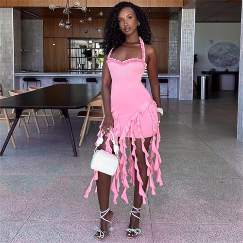 Image of Women's Summer Mini Dress Sexy Halter Backless Ruffle Fringe Bodycon Short Dress Cocktail Party Beach Vacation Sundress