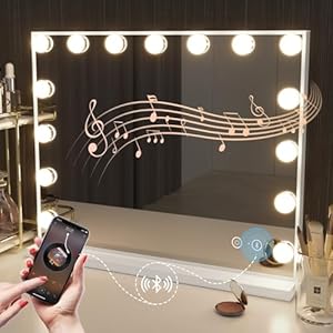 Hansong Großer Hollywood Spiegel mit Beleuchtung und Musik Lautsprecher, 15 dimmbare LED-Lampen, Beleuchteter Schminkspiegel mit USB-Ladeanschluss Hollywood Schminkspiegel