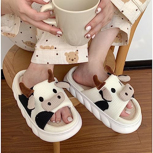 Xehuro Kawaii Slippers for Women Kawaii House Slippers Cute Slippers for Women Indoor Mute Linen Slippers for Winter Autumn Cushion Slides for Women Cow2