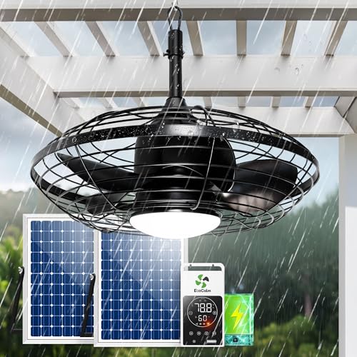 ecoCalm Solar Ceiling Fan Waterproof, 20'' Outdoor Ceiling Fan with Light & Battery, Solar Powered...