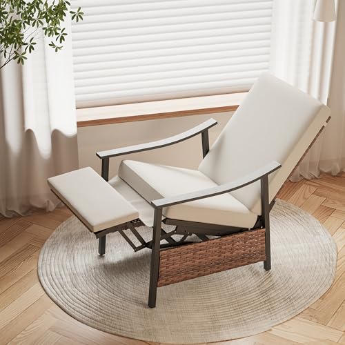 LAUSAINT HOME Outdoor Recliner Chair with Adjustable Back and Footrest, Wicker Rattan Patio Reclining Lounge Chair with Olefin Cushion, for Backyard, Garden, Living Room, Brown Frame & Beige Cushion
