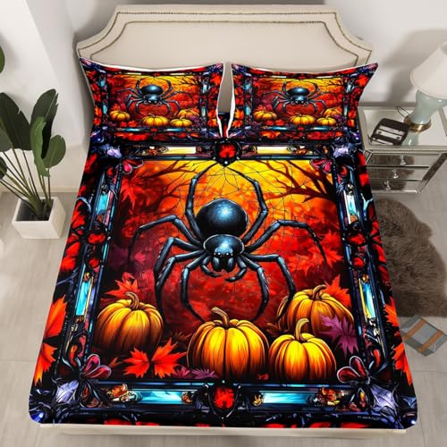 Spider Web Kids Fitted Sheet Twin Size,Arachnid Animal Happy Halloween Bedding Set,Girls Boys Room Decor,Pumpkin Maple Leaf Fall Autumn Gothic Rustic Bed Sheet,1 Pillowcase(No Flat)
