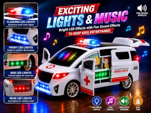 Image of TEC TAVAKKAL Bump & Go Toy Car with Lights & Music, Opening Front Doors, Sliding Side Door &Rear Trunk,360 Rotating Electric Rescue Vehicle, Educational Toy Gift for Kids (Ambulance Car Toy)