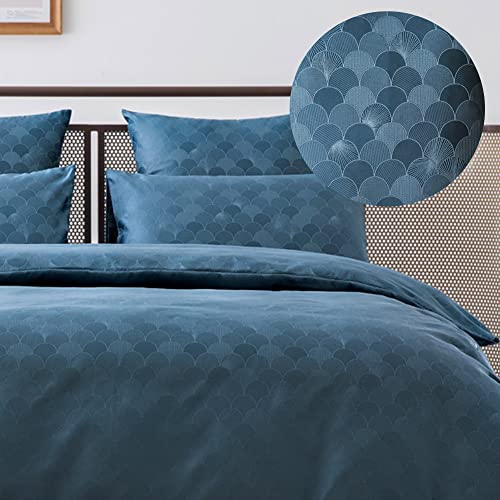 Vagasi Ropa de cama de satén brillante, 220 x 240 cm, funda nórdica de seda elegante, funda nórdica de jacquard con estampado de flores, cremallera, azul, 2 fundas de almohada de 50 x 75 cm Cover