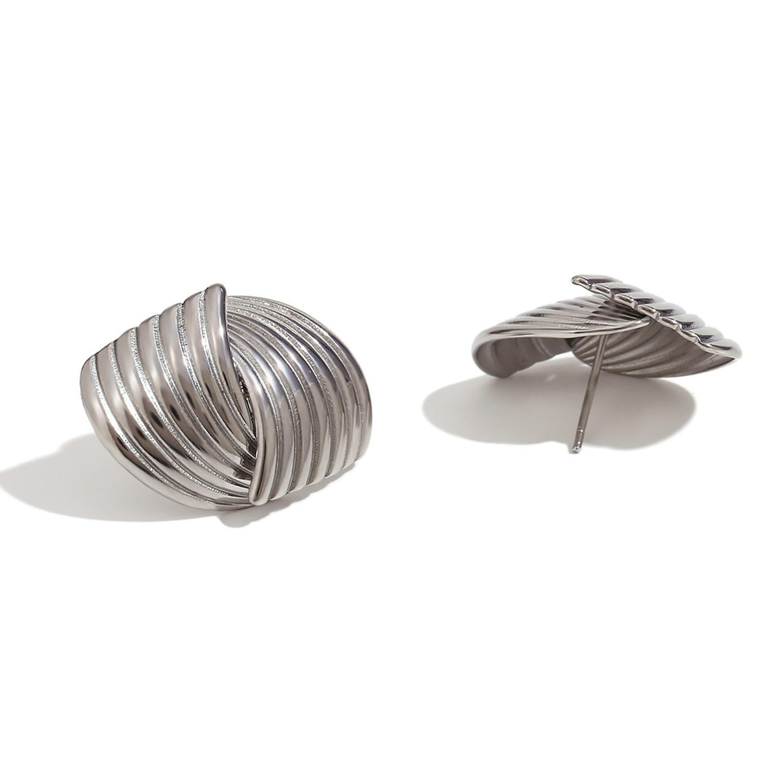 Boucles d'oreilles géométriques acier et titane rayures design rétro minimaliste - 8