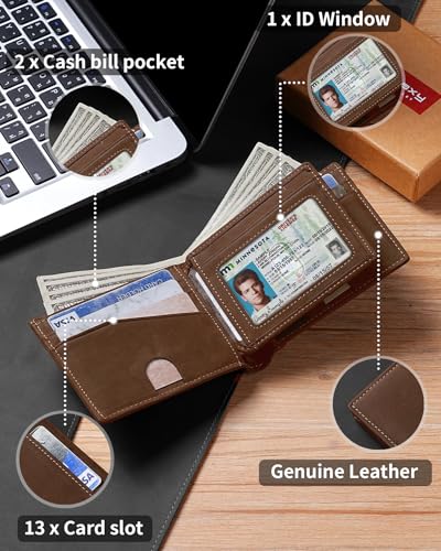 Image of Artpaxy Mens Wallet Bifold Genuine Leather RFID Blocking Wallet for Men with 1 ID Windows 13 Card Holders 2 cash pockets 1 Gift Box