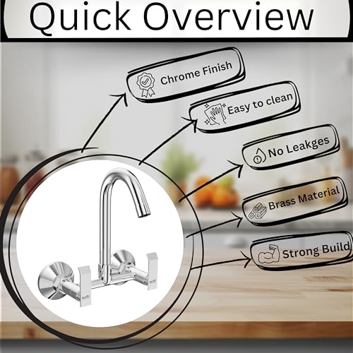 Image of Gloxy Premium Brass 2 in 1 Wall Mounted Sink Mixer with 360 Swivel Spout - Jet+ Lever Kitchen Sink Mixer with Chrome Finish - Hot & Cold Water Mixer for Bathroom & Kitchen Sink - 10 Years Warranty