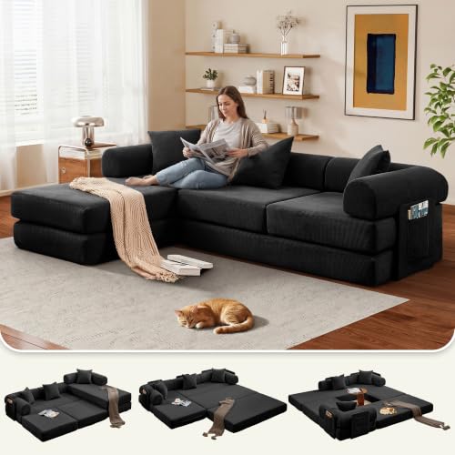 Image of 107 inch Convertible Futon Sofa Bed, Boneless Couches for Living Room, Black