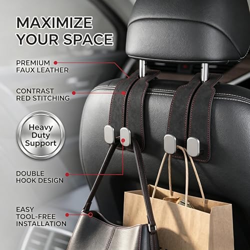 Seltureone 4 Stück Doppelhaken für Autositzrückseite, Auto Kopfstützen Haken Multifunktionale Autositz-Rückenhaken Auto Lagerung Haken für Handtaschen, Geldbörsen & Einkaufstaschen - Schwarz