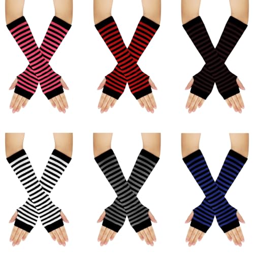 Fumwase 6 Pairs Women Long Fingerless Gloves Knit Winter Striped Arm Warmers Thumb Hole Stretchy Gloves (Colorful)