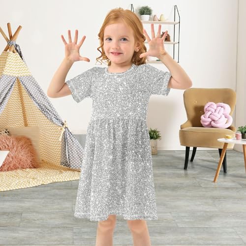 Silver Glitter Print Toddler Dresses for Girls Short Outfit Cute Spring Dress Little Girl 2t4