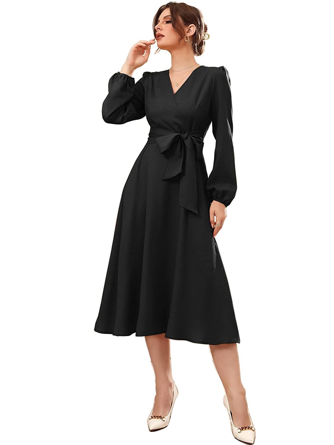 Istyle CanDress for Women Solid Belted Wrap Dress with Bishop Sleeves Surplice Neck High Waist & Flared Hem Midi Dress for Women | Dresses for Women Long Dresses for Women (Small, Black)