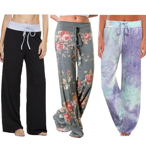 ccko Women's Comfy Casual Stretch Pajama Pants Tie Dye Drawstring Palazzo Lounge Pants Wide Leg for All Seasons