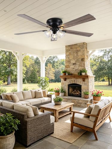 Image of 60 inch Flush Mount Vintage Ceiling Fan with Lights and Remote | Farmhouse Rustic Fandelier, 3 E26 Lights Low Profile Chandelier, for Bedroom Living Room, 5 Dual Blades (Bulbs Not Included)