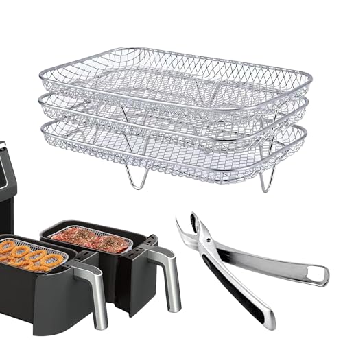 Airfryer Zubehör, 304 Edelstahl Quadratisch Airfryer Zubehör, Rechteckiges Luftfritiergestell-Set, Dreifacher Grill-Dampfeinsatz, Grill, Heißluftfritteuse Zubehör für Air Fryer (21 * 14 * 10cm)