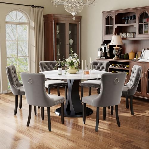 Image of 7-Piece Dining Table Set with 47In Faux Marble Table and 6 Velvet Upholstered Chairs, Modern Scandinavian Furniture for Dining Room Kitchen(Gray)