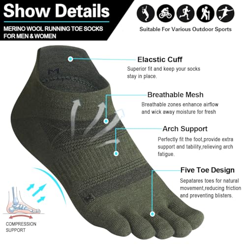 Image of HABITER Merino Wool Toe Socks for Men & Women-50% Merino Wool,No Show,Lightweight,Arch Support Hiking Socks,Running,Long Walk