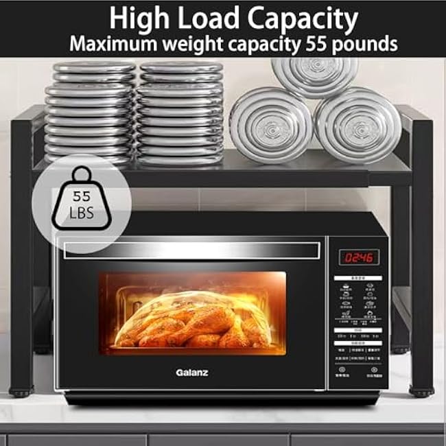 Adjustable Microwave Oven Rack, Microwave Stand Shelf Heavy Duty 2-Tier Shelf with Cutting Boards Stand Knife Rack and Chopstick Holder for Kitchen Shelves Counter Top Organizer, Holds 55lbs,6 Hooks