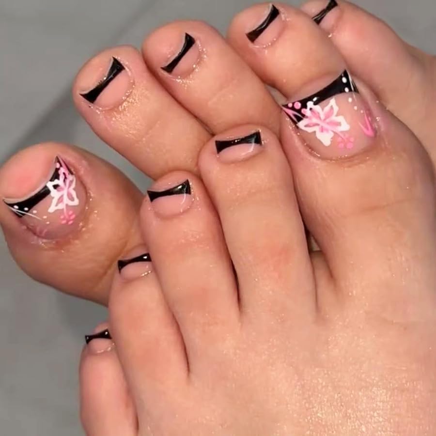 Black French Tip Press-On Toenails Short Square False Toenails White Hibiscus Flower Pattern Full Coverage Summer Black Artificial Toenail Stickers