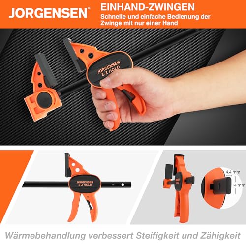 JORGENSEN Einhandzwingen 4 Stück, Profi Schraubzwingen Set 2 in 1 kombinierbar zum Spannen Dehnen, Spannweite 150/420mm, Spannkraft 68kg für stabiles Fixieren von Holz Möbel mit einer Hand